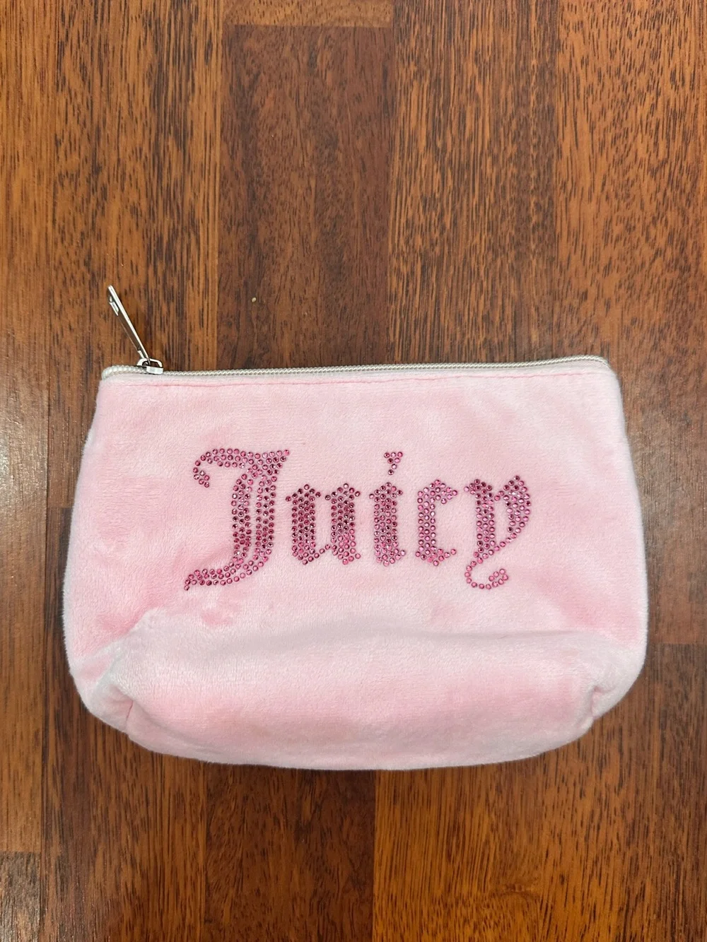 Juicy Couture Light Pink Plush Cosmetic Pouch with Rhinestone Logo